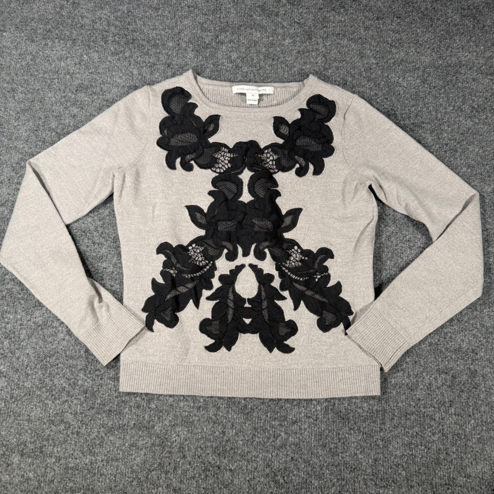 Diane von Furstenberg DVF Lace Applique Sweater Floral Knit Top Med Beige Womens